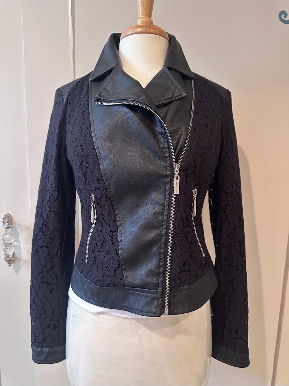 Black Lace & Faux Leather Moto Jacket - Women